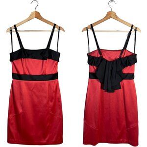 Vtg BCBG Paris Satin Ruffle Bodycon Mini Dress Women's 6 Red Black Cocktail Y2K